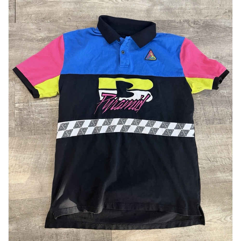 Black Pyramid Colorful Colorblock Graphic Polo Shirt Black Pink Blue‎ Medium